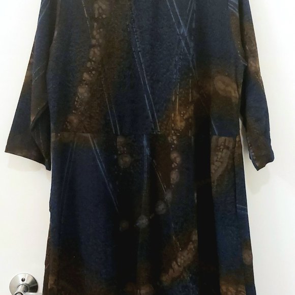 Japanese Dyed Blue and Brown Cotton A-Line Dress - Picture 3 of 7